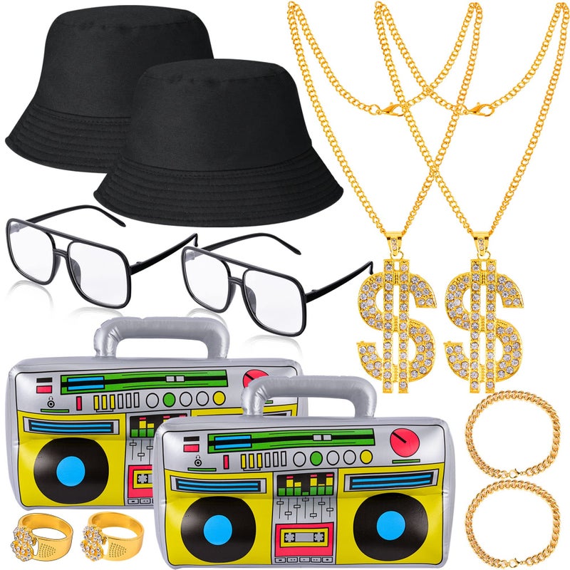 YAROMO Hip Hop Costume Kit, 12 PCS 80s/ 90s Rapper Accessories, Sunglasses Bucket Hat Boom Box Rapper Chain Bracelet and Ring with Dollar Sign Pendant - Image 1